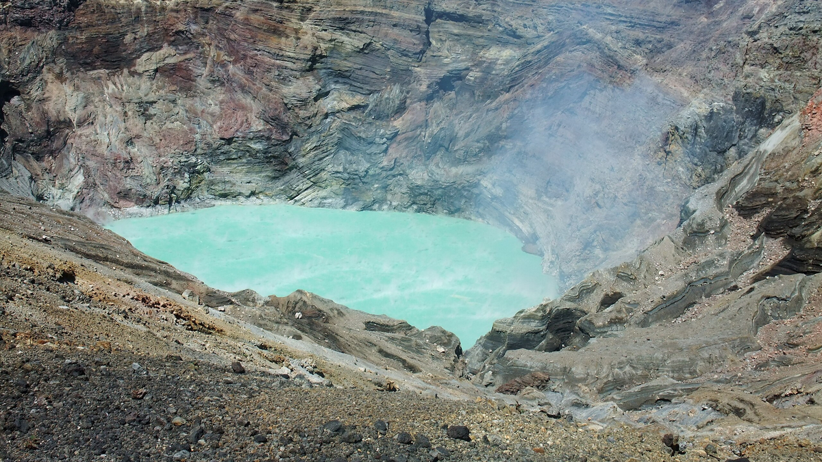 The steaming crater of Mount Naka