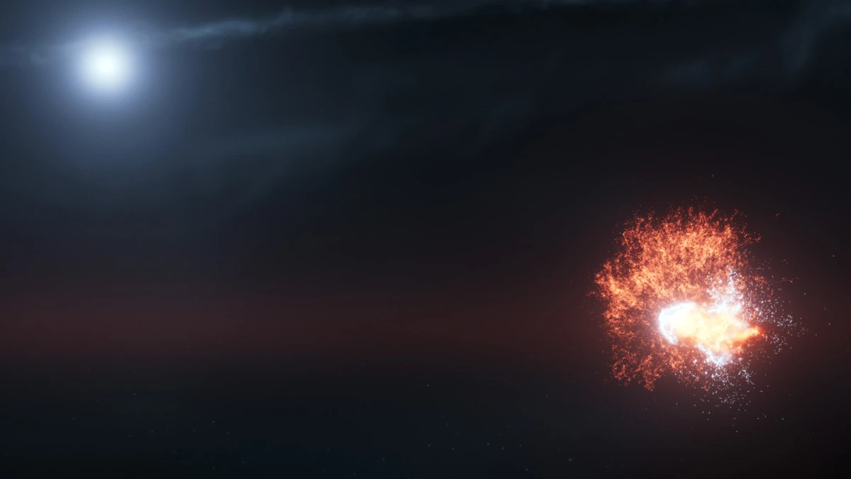 This artist’s concept shows the violent collision of two massive objects in orbit around the star Fomalhaut