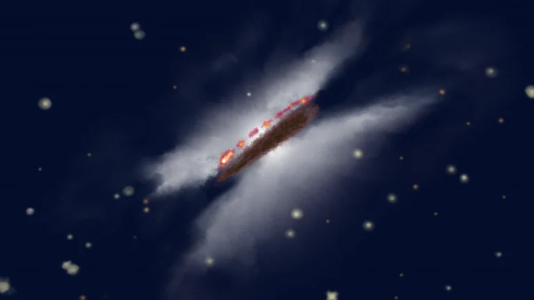 This artists impression of the Gomez’s Hamburger system shows the stacked layers of gas and dust as they rotate around a young star