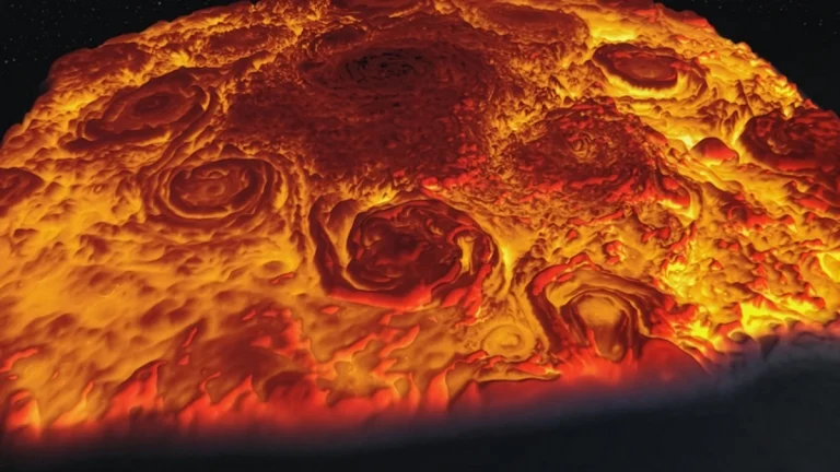 This infrared 3D image of Jupiter's north pole shows a ring of 8 vortices surrounding a central cyclone