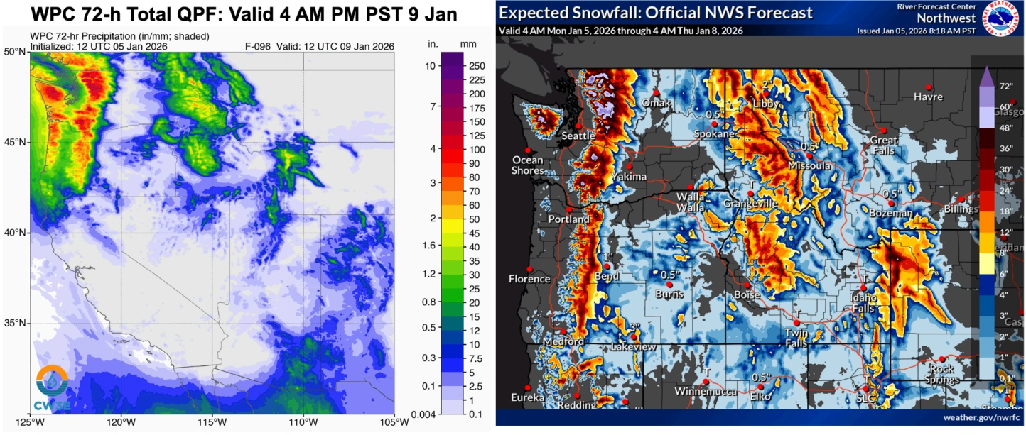 WPC snowfall forecast for the U.S. West Coast from January 6 to 7, 2026