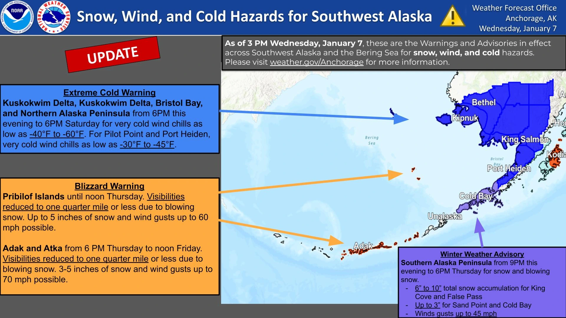 Winter weather alerts map for Alaska issued on January, 2026