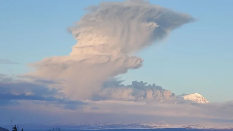 ash rising above sheveluch volcano russia on january 28 2026