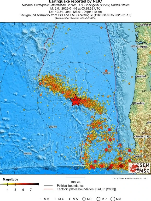 m6.0 earthquake off the coast of oregon united states january 16 2026 emsc regional seismicity