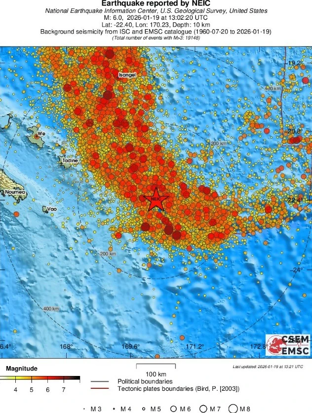 m6.0 earthquake southeast of loyalty islands new caledonia january 19 2026 emsc regional seismicity