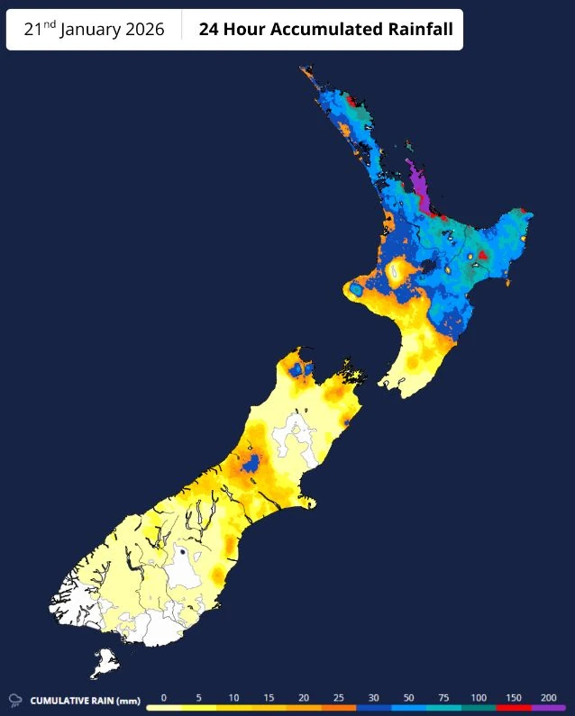 new zealand 24 hour accumulated rainfall january 21 2026
