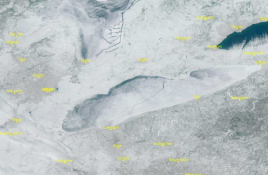 128 km (80 mile) long crack on Lake Erie after it nearly froze for the the first time since 1996