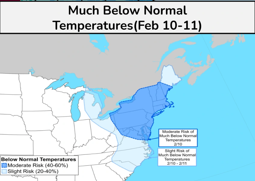 Below normal temperatures forecast for U.S. Northeast and Mid-Atlantic Feb 10-11, 2026