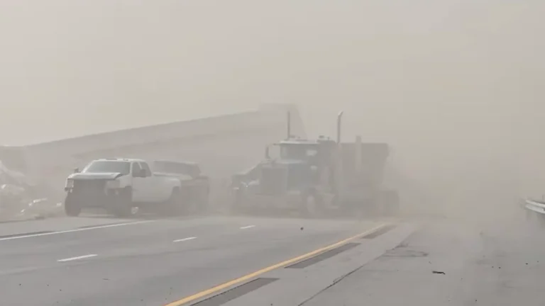 Brownout conditions on the I-25 cause a mult-vehicle pileup up near Pueblo, Colorado, on February 17, 2026