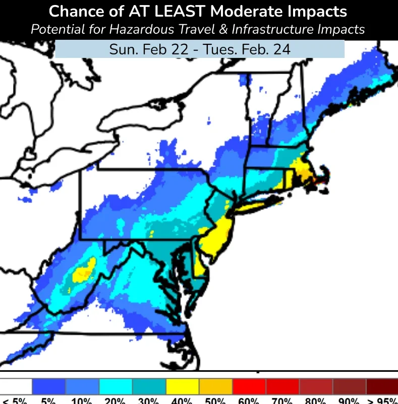 Chance of At Least Moderate Impacts for Nid-Atlantic and Northeast Winter Storm Valid Feb 22-24, 2026