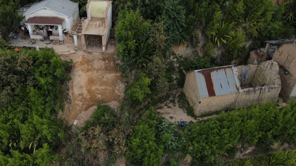 Damaged homes and buildings in Madagascar after the passage of Tropical Cyclone Gezani
