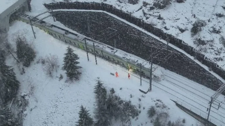 Drone view of derailed regioexpress between Goppenstein and Hohtenn on Feb 16, 2026