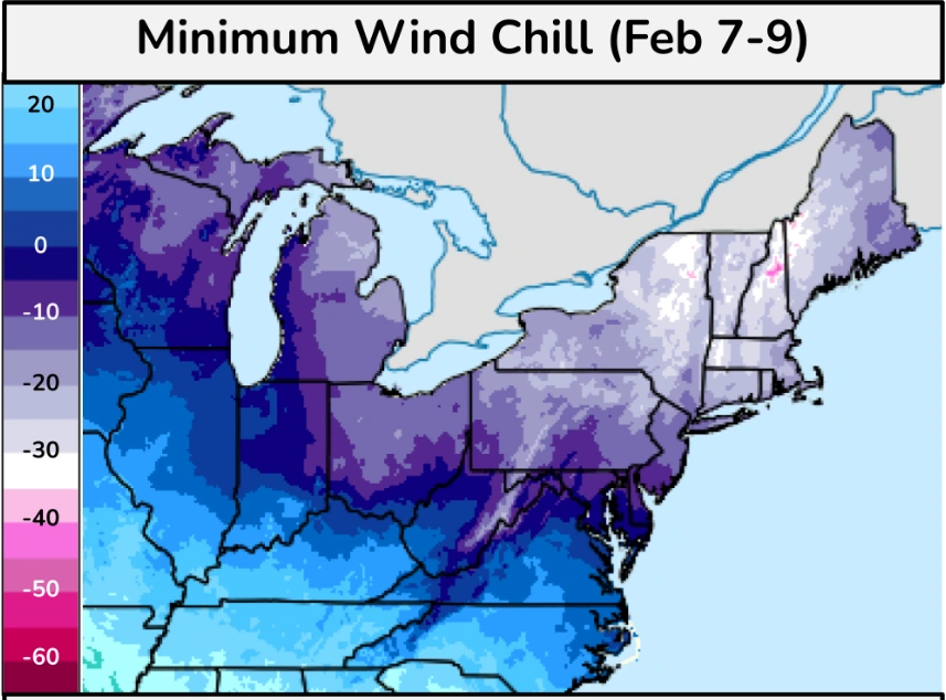 Minimum winds chill forecast Feb 7-9, 2026 (U.S. Northeast and Mid-Atlantic