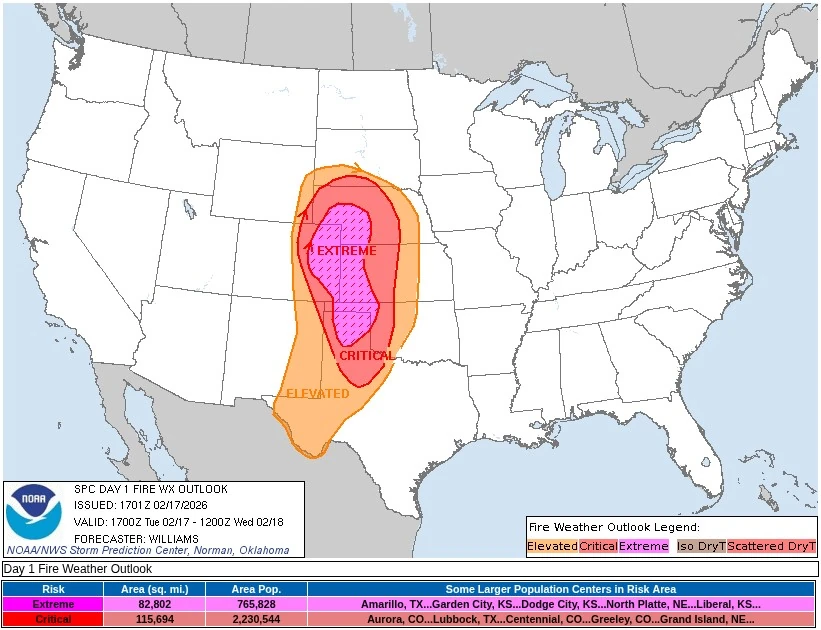 NOAA SPC Fire Weather Outlook for February 17 2026