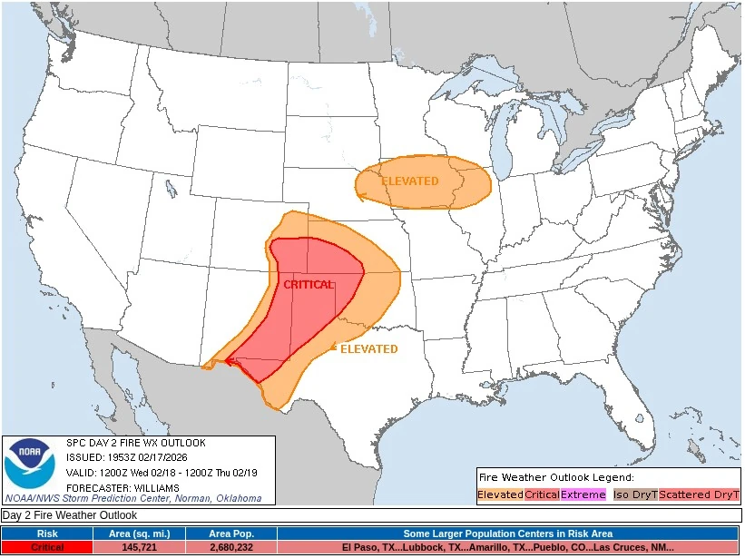 NOAA SPC Fire Weather Outlook for February 18 2026