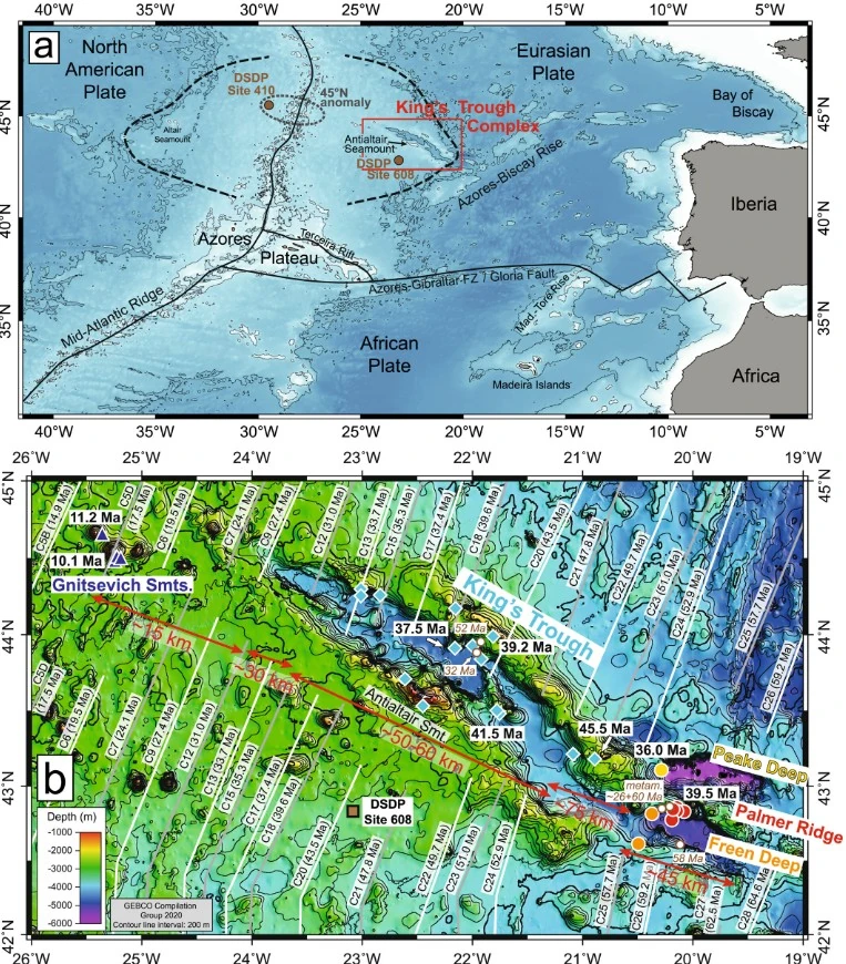 Overview map of the eastern North Atlantic with a red frame indicating the location of the King's Trough Complex northeast of the Azores Plateau agu geochemistry geophysics geosystems 2025