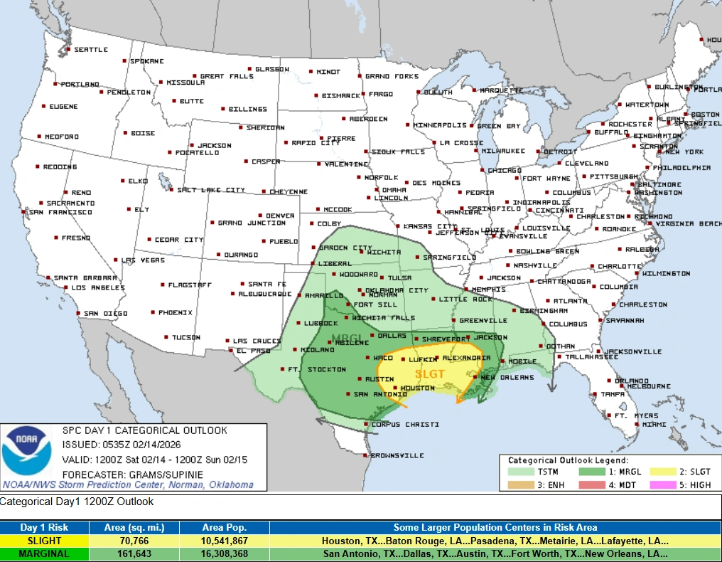 SPC day 1 Categorical outlook valid through Feb 14 2026