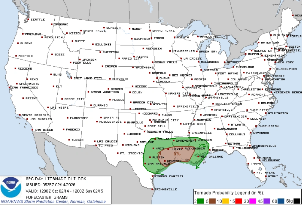 SPC day 1 tornado outlook Feb 14-15 2026