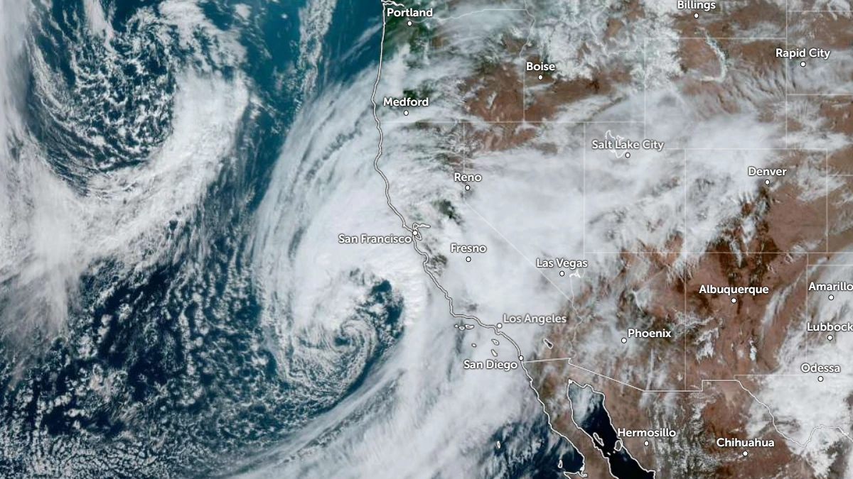 Satellite image of Atmospheric river over southern California at 20:00 UTC on February 10, 2026. Credit: NOAA/GOES-19, Zoom Earth, The Watchers