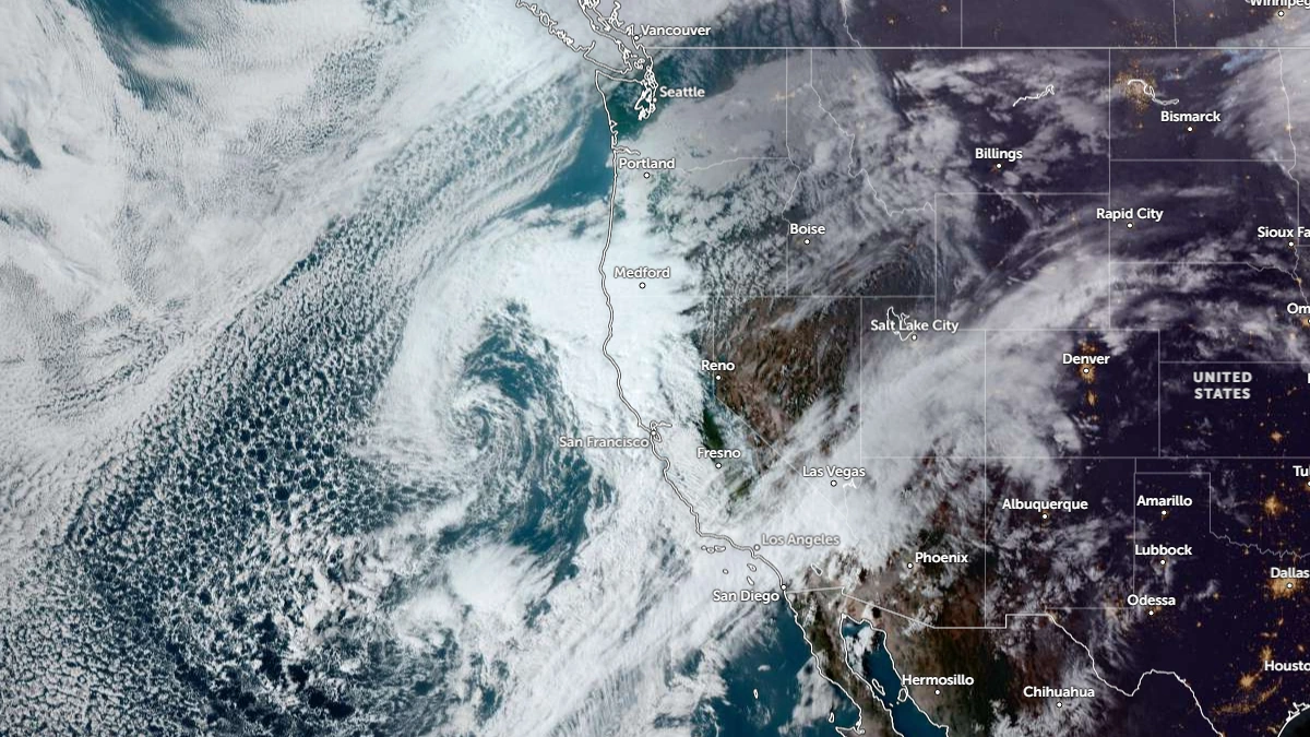 Satellite image of US West Coast at 00:00 UTC February 16, 2026. Credit: NOAA/GOES-19, Zoom Earth, The Watchers