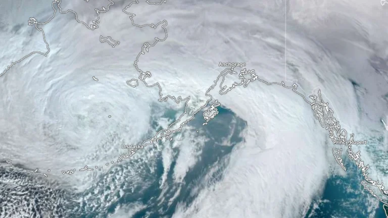 Satellite image of Alaska at 2300 UTC on February 10, 2026. Credit: NOAA/GOES-18, Zoom Earth, The Watchers
