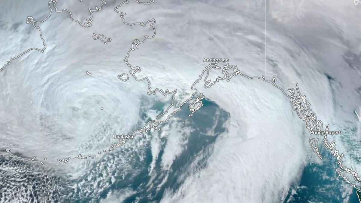 Satellite image of Alaska at 2300 UTC on February 10, 2026. Credit: NOAA/GOES-18, Zoom Earth, The Watchers
