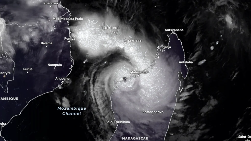 Satellite image of Cyclone Fytia making landfall over Madagascar at 0140 UTC on January 31, 2026