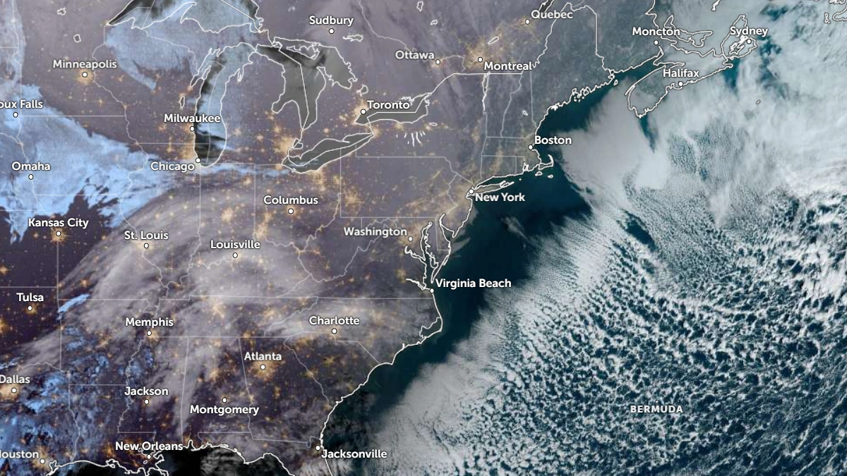 Satellite image of the U.S. Northeast and Mid-Atlantic at 1310 UTC on February 3, 2026