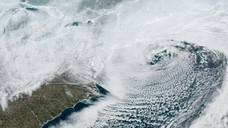 This GOES-19 satellite image shows a large offshore Nor'Easter impacting the Northeast U.S. on February 23, 2026