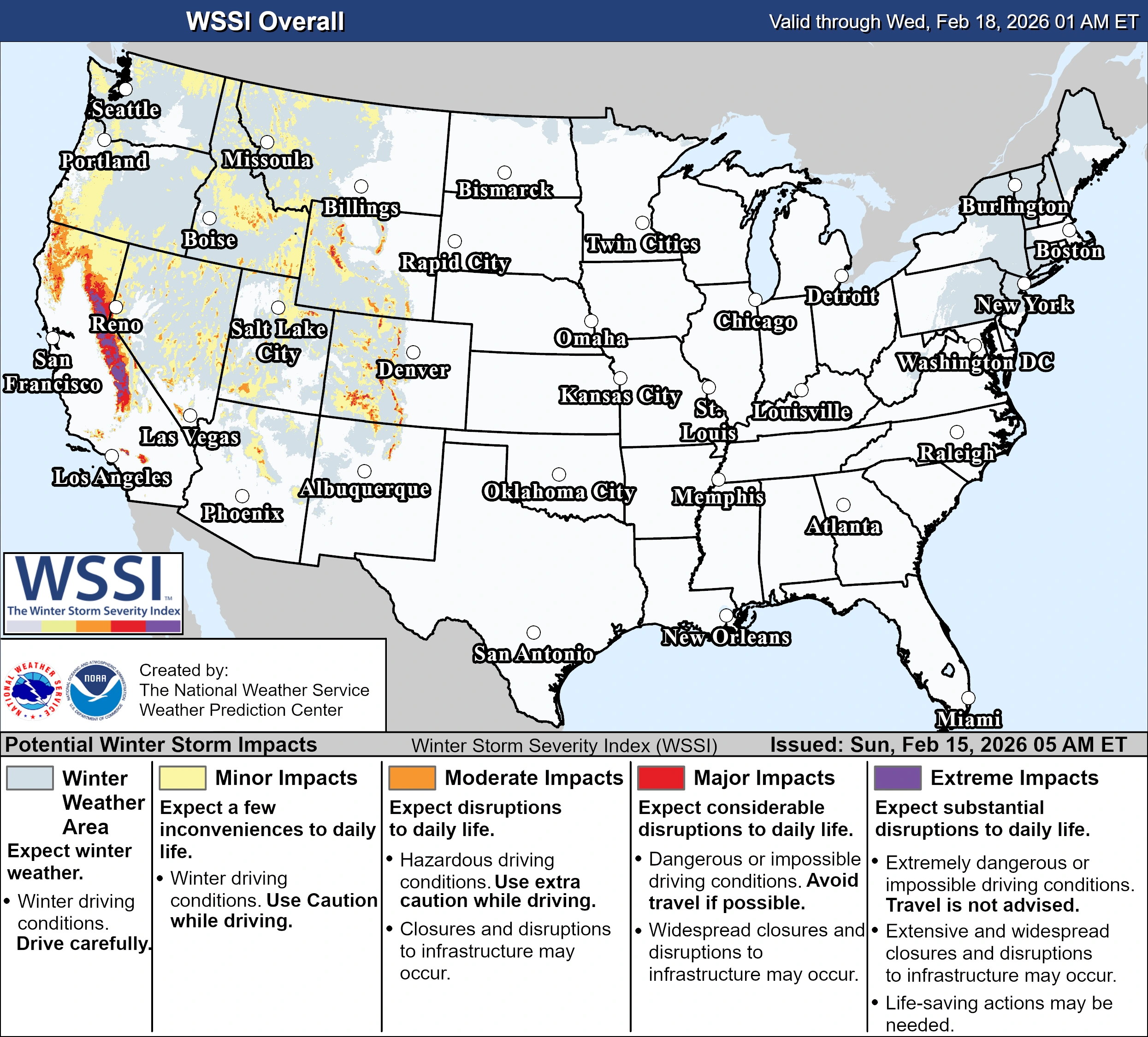 Winter storm severity index February 15-18, 2026