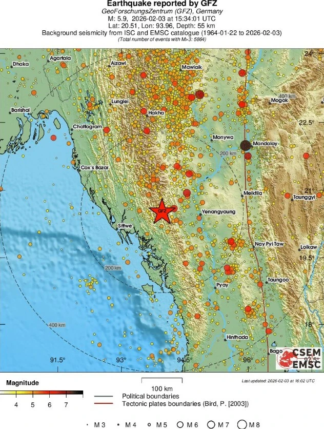 m5.9 earthquake rakhine magway border region myanmar february 3 2026 emsc regional seismicity