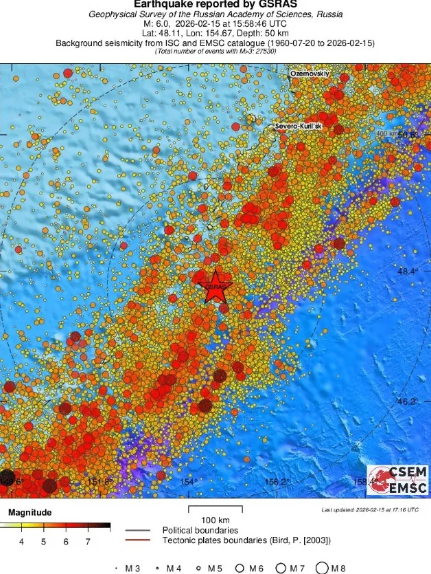m6.0 earthquake kuril islands russia february 15 2026 emsc regional seismicity