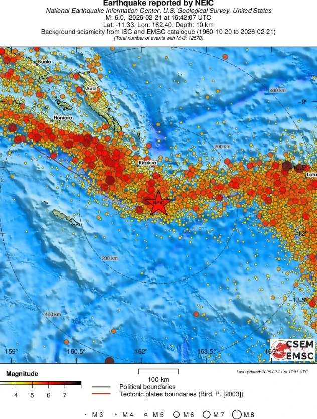 m6.0 earthquake solomon islands february 21 2026 emsc regional seismicity