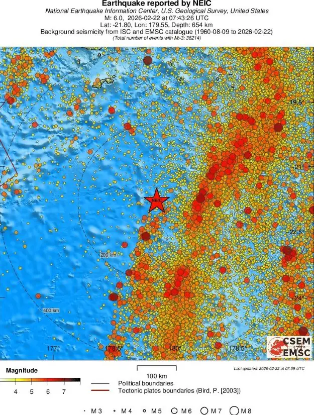 m6.0 earthquake south of the fiji islands february 22 2026 emsc regional seismicity