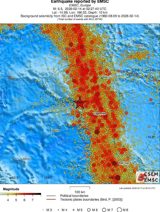 m6.4 earthquake port olry vanuatu february 14 2026 emsc regional seismicity