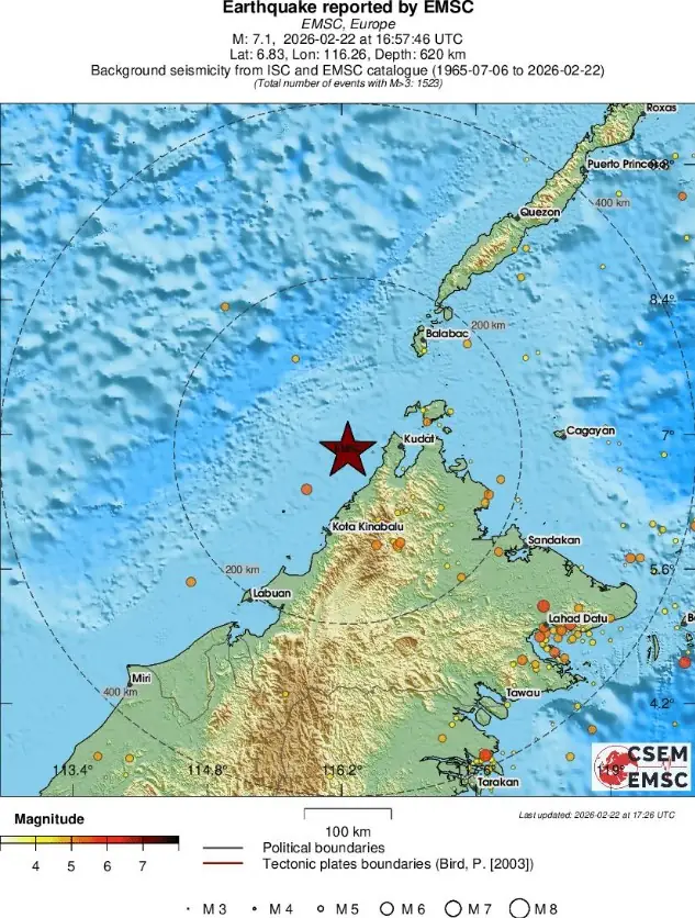 m7.1 earthquake sabah malaysia february 22 2026 emsc regional seismicity