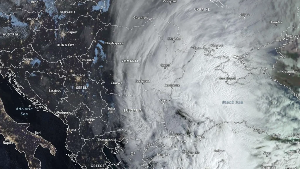 satellite image centered over bucharest at 0550 utc on february 18 2026