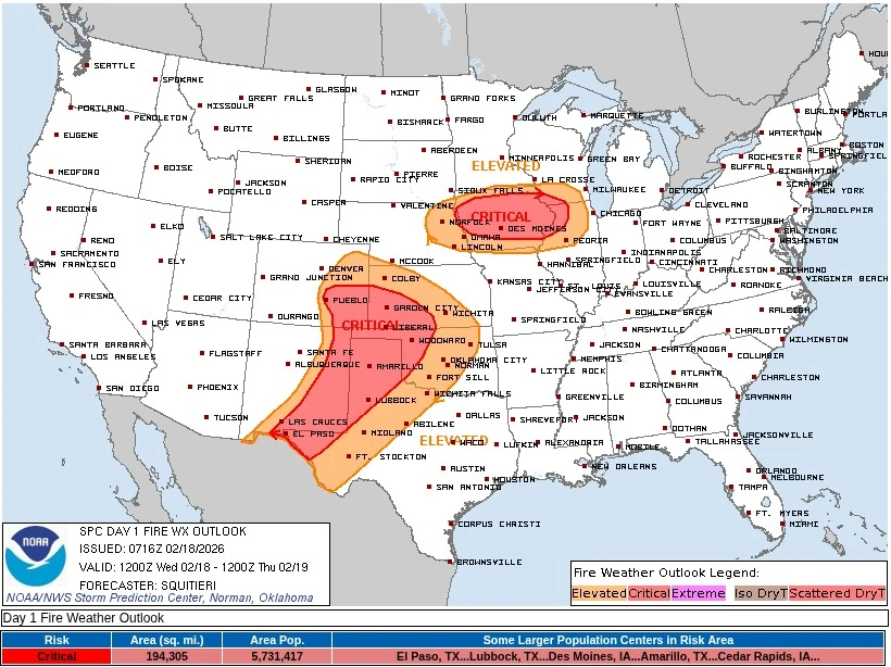 spc fire weather outlook february 18 2026