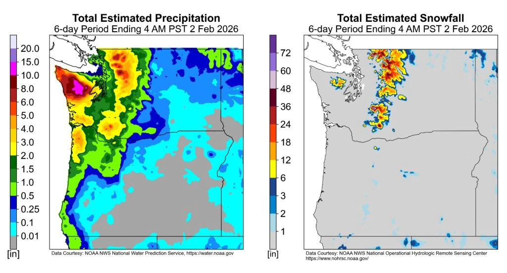 total estimated precipitaion and snowfall pn 6 days ending 04pst february 2 2026