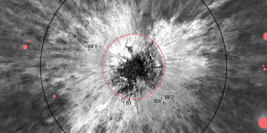 Newly discovered 225 m wide impact crater on the moon. credit: Robinson et al.