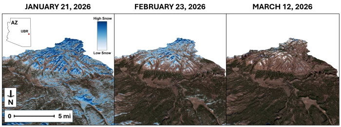 3D snow depth models of the Upper Black River watershed in Arizona's White Mountains, measured by the Airborne Snow Observatory (ASO) in early 2026