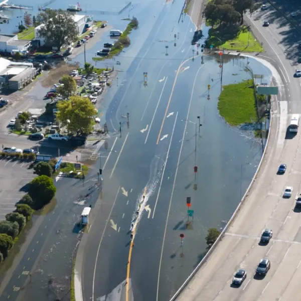 An unusually high tide, called a King Tide, floods a highway on-ramp in Northern California in January 2023. Sea level rise and El Niños can exacerbate this type of flooding