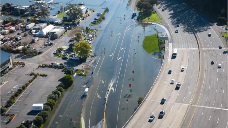 An unusually high tide, called a King Tide, floods a highway on-ramp in Northern California in January 2023. Sea level rise and El Niños can exacerbate this type of flooding