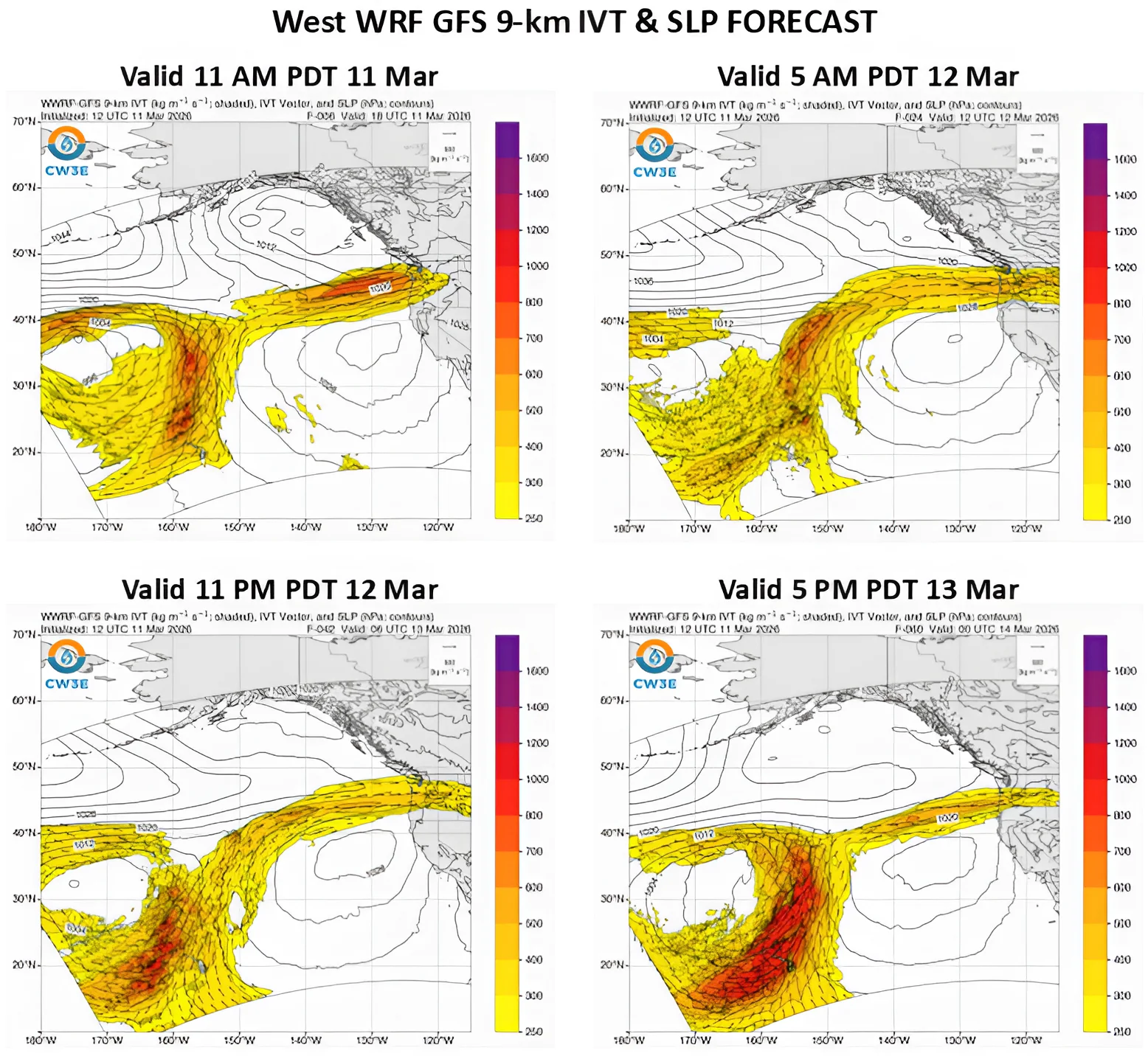 CW3E West WRF IVT and SLP forecast valid 11 to 13, 2026