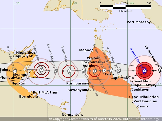 Category 5 tropical cyclone Narelle forecast track-mArch 19, 2026- Bureau of Meteorology, Australia