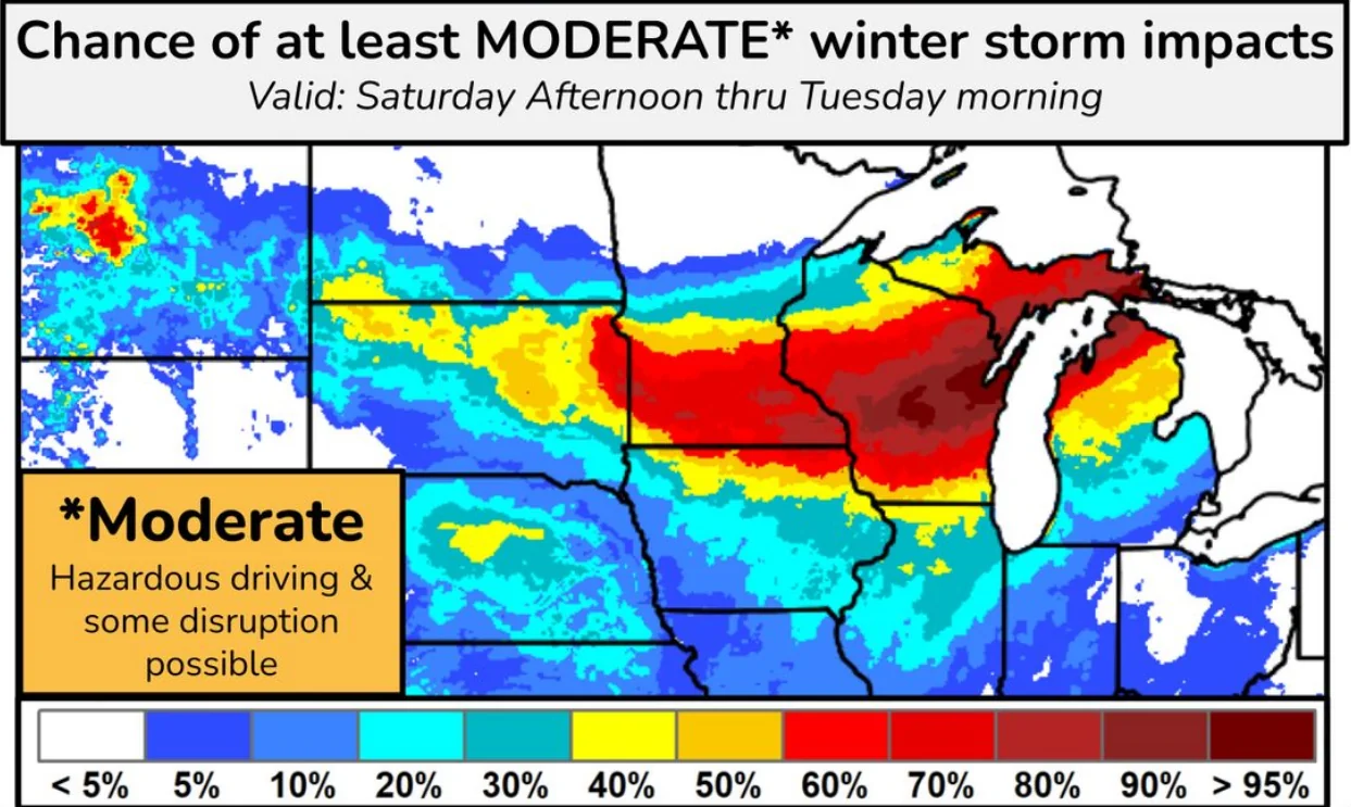 Chance of at least moderate winter storm impacts over the Upper Midwest and Great Lakes region through March 14-17, 2026
