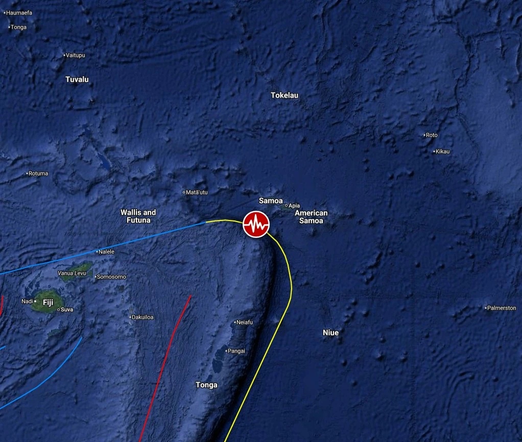 Epicenter of M6.2 earthquake in Tonga on March 22 2026 bg