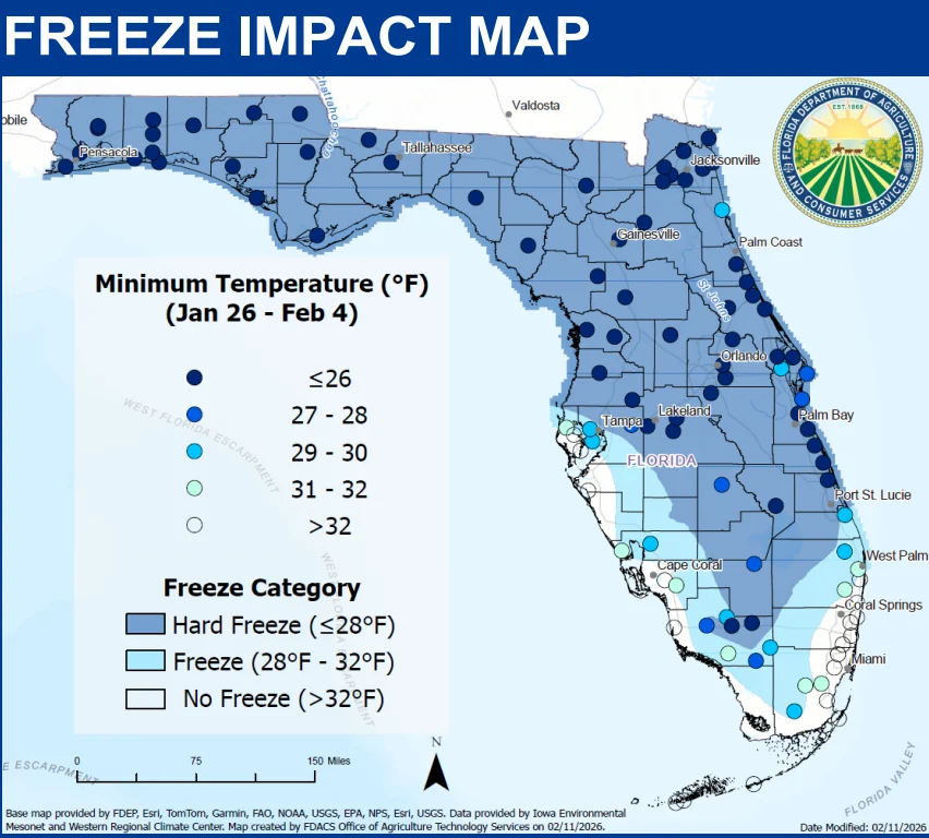 Florida Freeze Impact map 2026