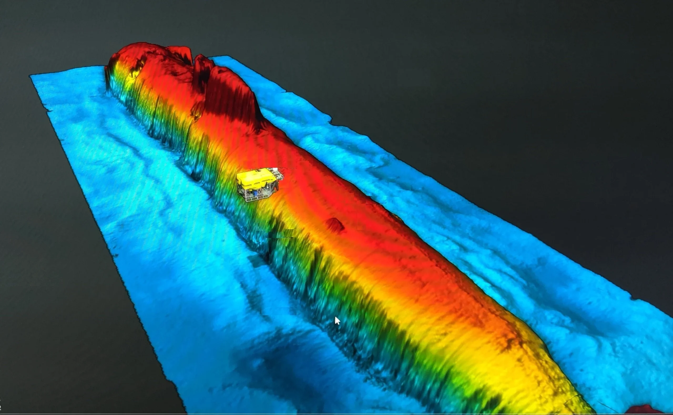 High-resolution side scan sonar image of Komsomolets on the seafloor of the Norwegian Sea, showing the relative position of the remotely Credit Institute of Marine Research