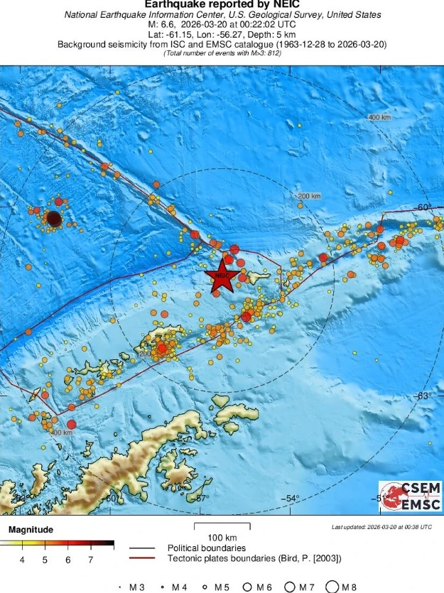 M6.6 South Shetland Islands earthquake March 20 2026 USGS emsc regional seismicity